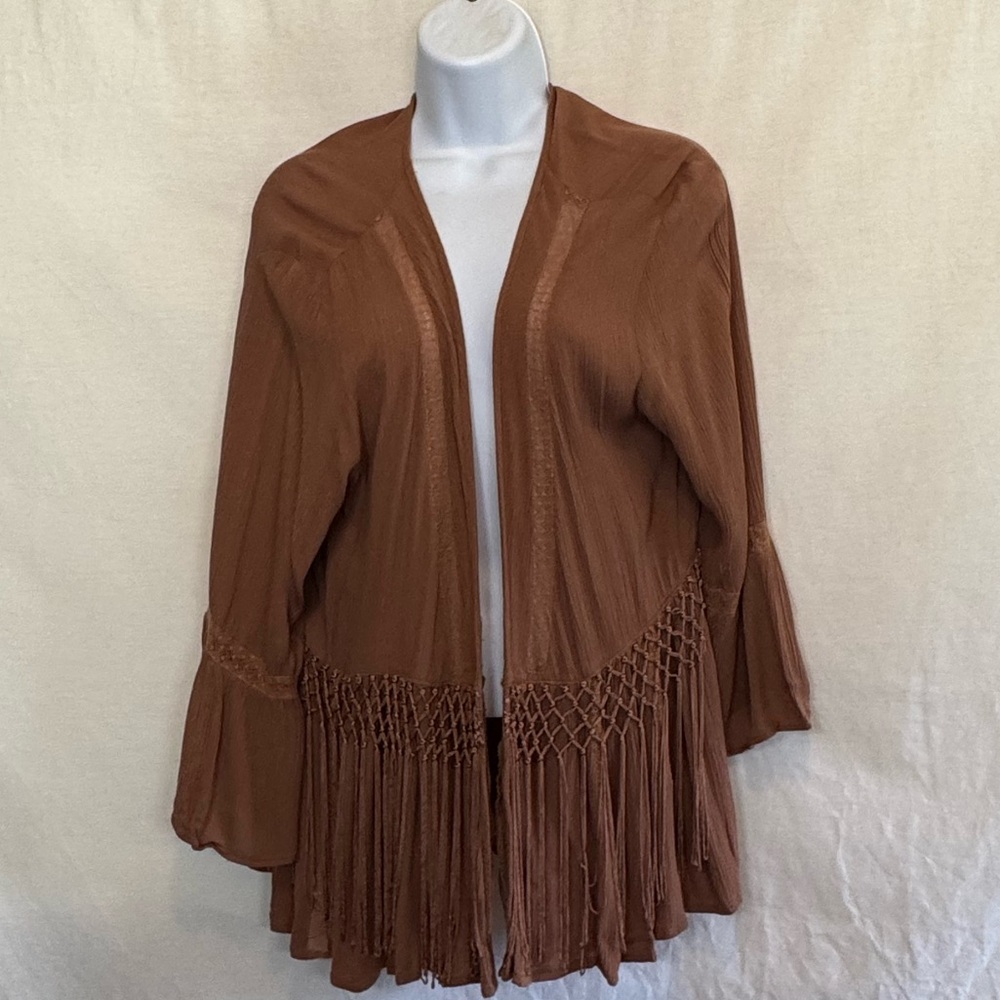 E-42 Jodifl Brown Open Fringed‎ 1/2 Sleeve Lightweight Cardigan Size S